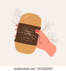 Woman's hand holding fresh bread wrapped in branding paper. Baguette or fresh baked bread aesthetic. Small business vector illustration isolated on white background. 