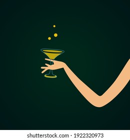 Woman's hand holding a glass of white wine. Sommelier. Vector flat illustration on a dark green background in EPS 10 format.