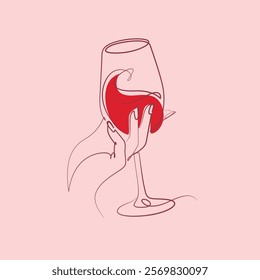 Woman's Hand Holding a Glass of Wine one line drawing. Woman's Hand Holding a Glass of Wine single line illustration. Woman's Hand Holding a Glass of Wine minimalist line art