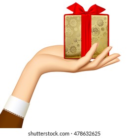 Woman's hand holding gold gift box with red ribbon isolated on white background.  Holidays and greeting season retro concept. Vector illustration