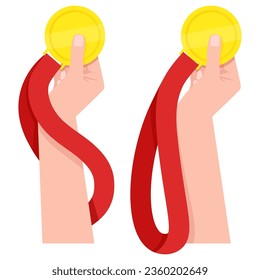 Woman's hand holding a gold medal with a red ribbon