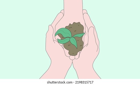 Woman's hand holding green sprout with handful of soil, held by man's hands. Environment friendly illustration isolated on pale green background. Creative green design used for website, posters, more.
