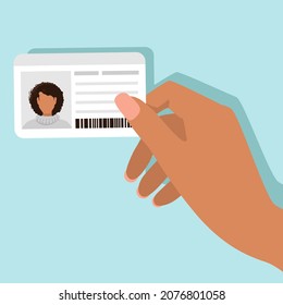 Woman's hand holding an identity card. Vector illustration in flat style on a blue background.