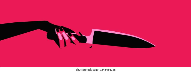 Woman's Hand Holding A Knife. Minimal Conceptual Illustration About Psychopathy And Sociopathy Issues, Female Agression.