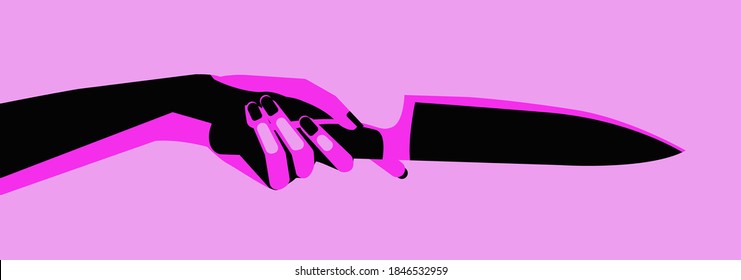 Woman's hand holding a knife. Minimal conceptual illustration about psychopathy and sociopathy issues, female aggression.
