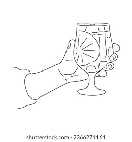 Woman's hand holding a large fruit-filled cocktail. Doodle-style illustration. Vector editable stroke.