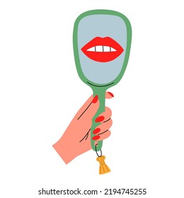 Woman's hand holding mirror reflecting her lips. Hand drawn isolated Vector illustrations. Cartoon flat style. Self love