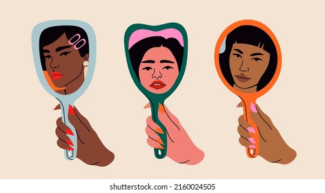 Woman's hand holding mirror reflexing her beautiful face. Lady staring at herself in mirror reflection. Hand drawn isolated Vector illustrations. Cartoon flat style. Self love, acceptance concept