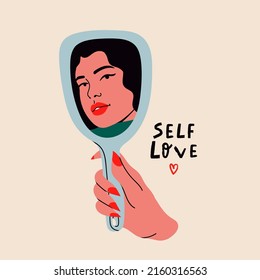 Woman's hand holding mirror reflexing her beautiful face. Lady staring at herself in mirror reflection. Hand drawn isolated Vector illustration. Cartoon flat style. Self love, acceptance concept