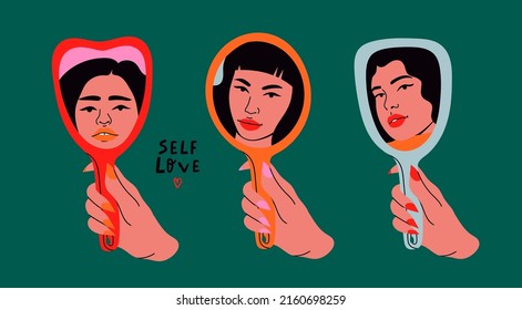 Woman's hand holding mirror reflexing her beautiful face. Lady staring at herself in mirror reflection. Hand drawn isolated Vector illustrations. Cartoon flat style. Self love, acceptance concept