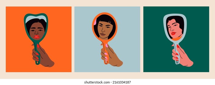 Woman's hand holding mirror reflexing her beautiful face  Lady staring at herself in mirror reflection  Hand drawn isolated Vector illustrations  Cartoon flat style  Self love  acceptance concept