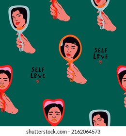 Woman's hand holding mirror reflexing her beautiful face. Lady staring at herself in mirror reflection. Hand drawn Vector illustration. Cartoon flat style. Square seamless Pattern