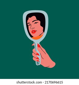 Woman's hand holding mirror reflexing her beautiful face  Lady staring at herself in mirror reflection  Hand drawn isolated Vector illustration  Cartoon flat style  Self love  acceptance concept