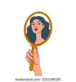 Woman's hand holding mirror reflexing her face. Hand drawn isolated Vector illustrations, flat style. Self love, acceptance concept