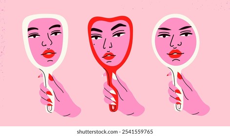 Woman's hand holding mirror reflexing her beautiful face. Lady staring at herself in mirror reflection. Hand drawn isolated Vector illustrations. Cartoon flat style. Self love, acceptance concept