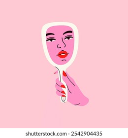 Woman's hand holding mirror reflexing her beautiful face. Lady staring at herself in mirror reflection. Hand drawn isolated Vector illustration. Cartoon flat style. Self love, acceptance concept