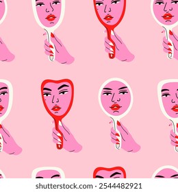 Woman's hand holding mirror reflexing her beautiful face. Lady staring at herself in mirror reflection. Hand drawn Vector illustration. Self love, beauty, acceptance concept. Square seamless Pattern