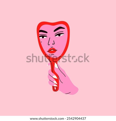 Woman's hand holding mirror reflexing her beautiful face. Lady staring at herself in mirror reflection. Hand drawn isolated Vector illustration. Cartoon flat style. Self love, acceptance concept