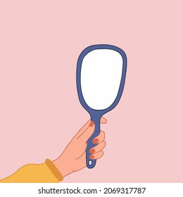 A Woman's Hand Holding Mirror Symbol On Pink Background. Colored Flat Vector Illustration. 