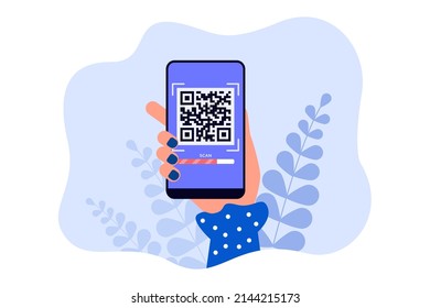 Womans hand holding mobile phone in process of scanning QR code. Female character using digital scanner app on screen of smartphone flat vector illustration. Payment, application, information concept