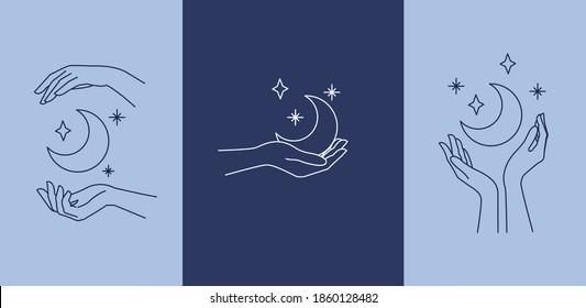 Die Hand der Frau, die Mond und Sterne hält, das magische mystische Symbol. Abstrakte Logo-Vorlage für Ihr Design, Linie Art Stil. Vektorgrafik