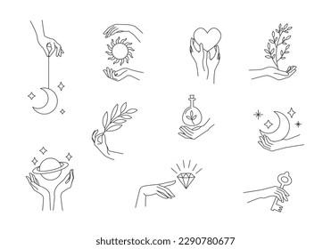 Woman's hand holding moon and stars, magic mystical symbol. Abstract logo template set for your design, line art style. Vector illustration