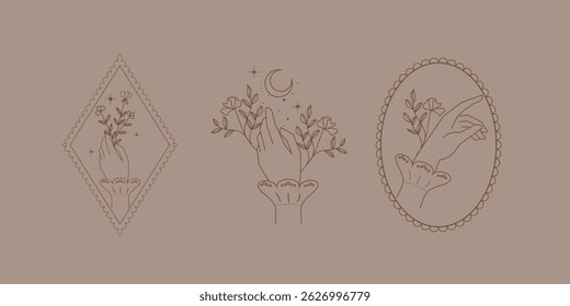 Woman's hand holding moon and stars, magic mystical symbol. Abstract logo template set for your design, line art style. Vector illustration