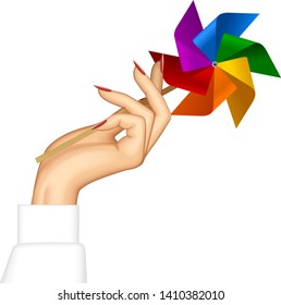 Die Hand der Frau, die ein mehrfarbiges Spielzeugpapier mit sechs Klingen hält. Vektorgrafik