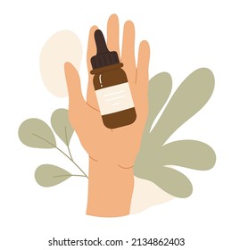 Woman's hand holding natural organic cosmetic with leaves. Eco beauty product in bottles in eco friendly packaging. Skin care routine. Vector illustration in cartoon style. Isolated white background.