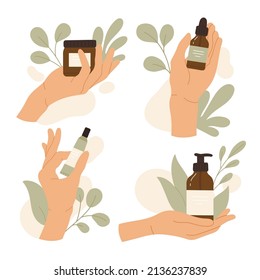 Woman's hand holding natural organic cosmetic with leaves Set. Eco beauty product in bottles in eco friendly packaging. Skin care routine collection. Vector illustration. Isolated white background	
