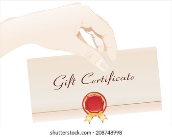 Woman's hand holding object- Gift certificate.