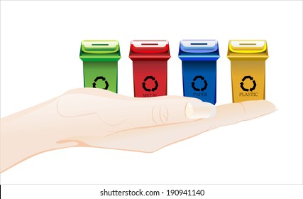 Woman's hand holding object- Recycle Bins isolated on white background.