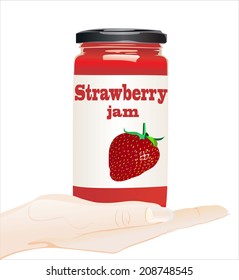 Woman's hand holding object- strawberry jam