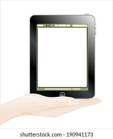 Woman's hand holding object- tablet pc isolated on white background.