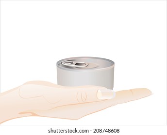 Woman's hand holding object- Tin with blank label