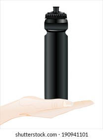 Woman's hand holding object- water drinking sport bottle isolated on white background.