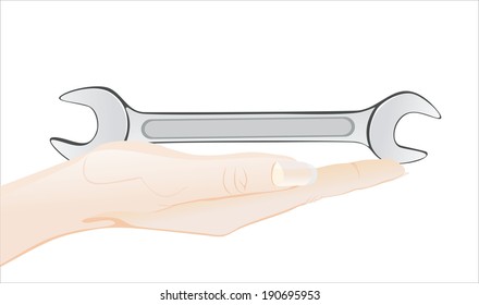 Woman's hand holding object- wrench tool  isolated on white background.