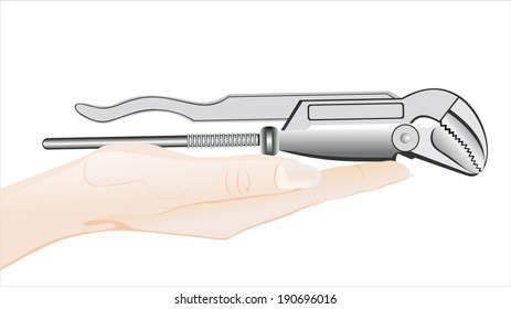 Woman's hand holding object-Adjustable wrench  isolated on white background.