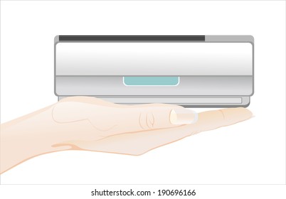 Woman's hand holding object-Air conditioner isolated on white background.
