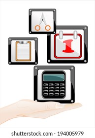 Woman's hand holding object-apps icon set isolated on white background.