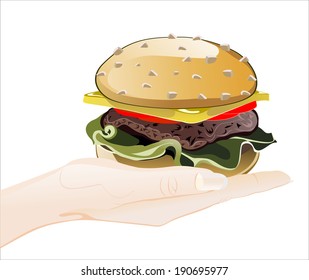 Woman's hand holding object-big hamburger  isolated on white background.