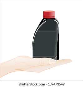Woman's hand holding object-black ink isolated on white background.