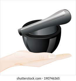 Woman's hand holding object-Black stone mortar and pestle  isolated on white background. 