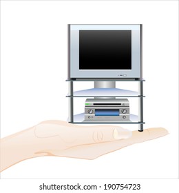 Woman's hand holding object-Black TV stands on a glass shelf isolated on white background.