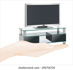 Woman's hand holding object-Black TV stands on a glass shelf isolated on white background.