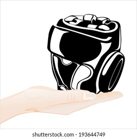 Woman's hand holding object-boxing helmet isolated on white background. 