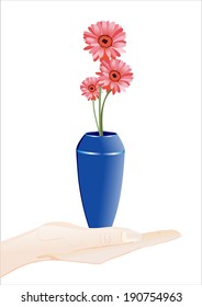 Woman's hand holding object-Bunch of flowers in a vase isolated on white background.