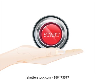 Woman's hand holding object-button isolated on white background.