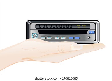 Woman's hand holding object-Car radio with mp3 isolated on white background.