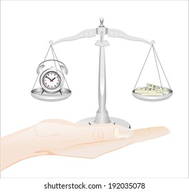 Woman's hand holding object-clock and money on scales isolated on white background.